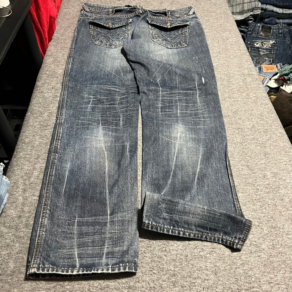 Vigoss Mens Straight Leg Double Knee Flap Pocket Jeans Blue 36x34